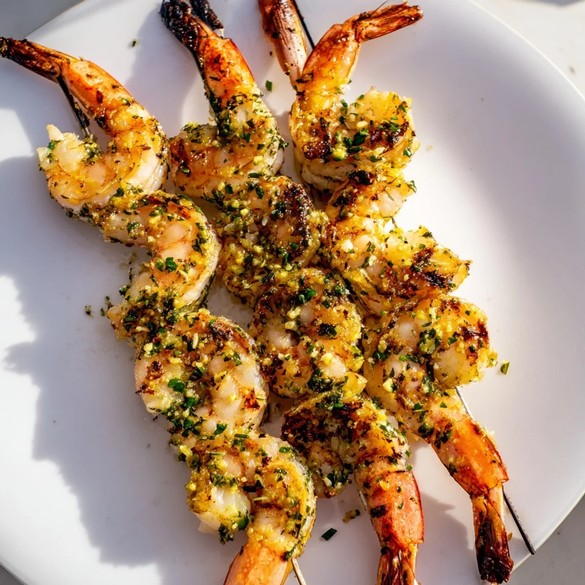 Juicy Lemon Garlic Shrimp Skewers sizzling on the grill, with char marks and fresh parsley garnish.