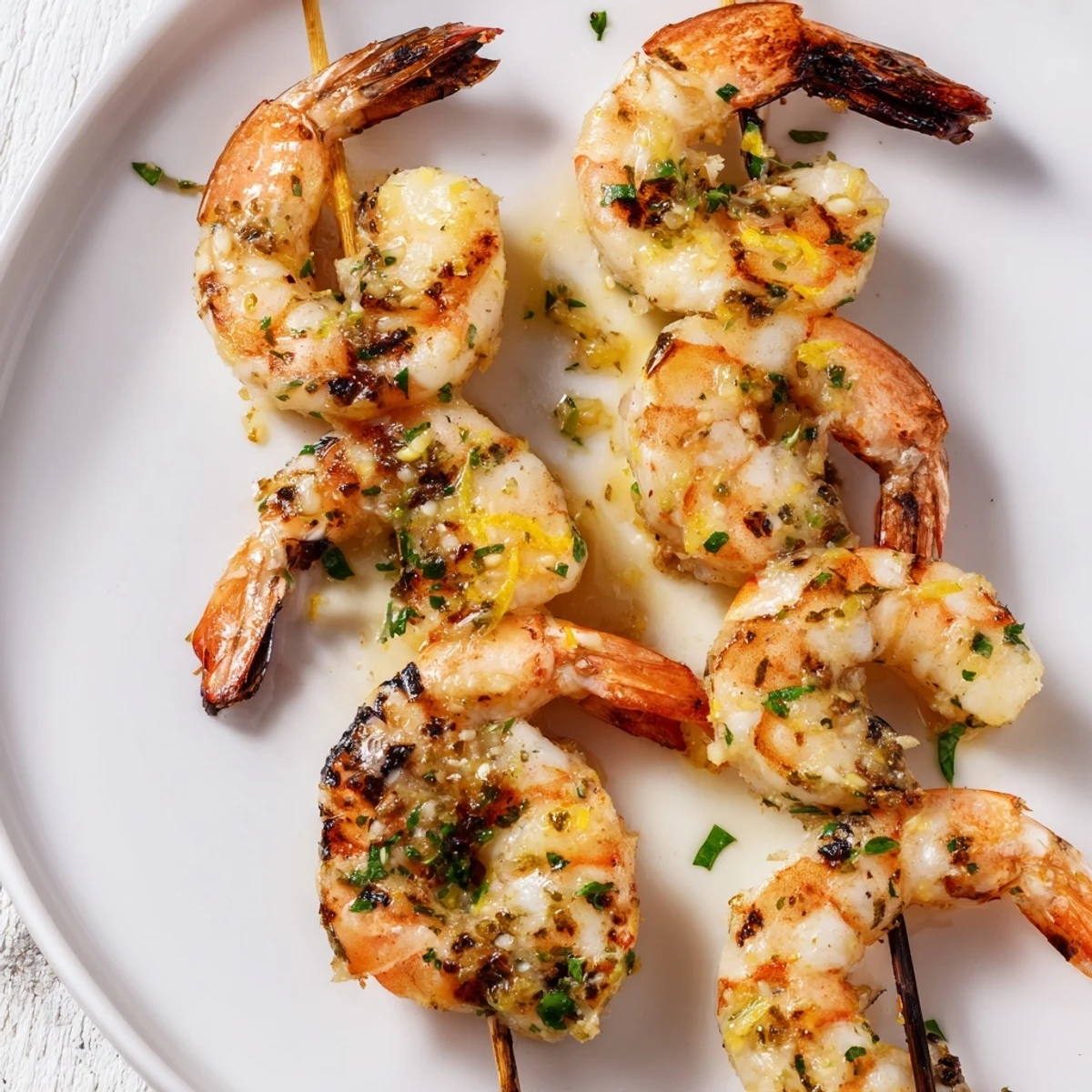 A close-up of vibrant Lemon Garlic Shrimp Skewers, highlighting the glistening marinade and smoky grill flavor.