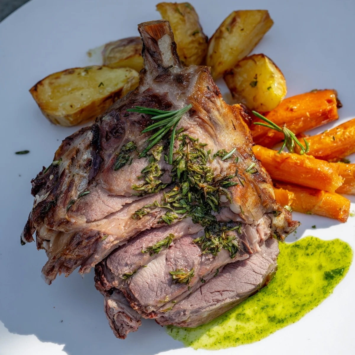 Sliced Roasted Leg of Lamb with Mint Sauce rests on a platter beside fresh rosemary and vibrant mint garnish for a festive roast.