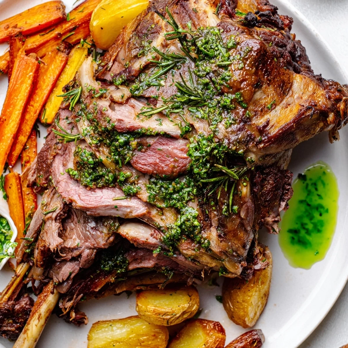 A platter of Roasted Leg of Lamb with Mint Sauce shows golden, herb-crusted slices and a rich, green mint sauce in a small bowl.