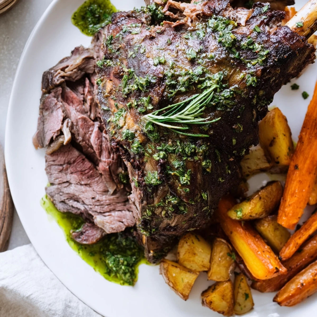 Roasted Leg of Lamb with Mint Sauce is served medium-rare with roasted vegetables, showcasing juicy, tender meat perfect for a Sunday dinner.