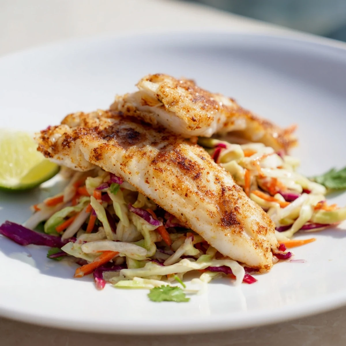 A vibrant platter of Cajun Spiced Fish Tacos with Slaw, garnished with lime wedges for a zesty finish.