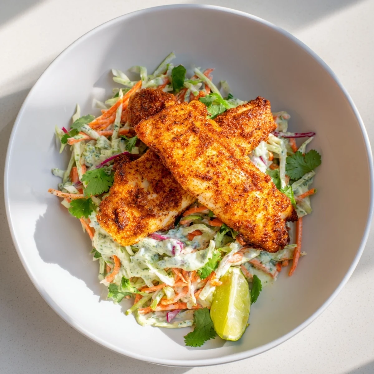 Flaky white fish seasoned with bold Cajun spices, lightly seared and piled into soft tortillas with creamy slaw.  