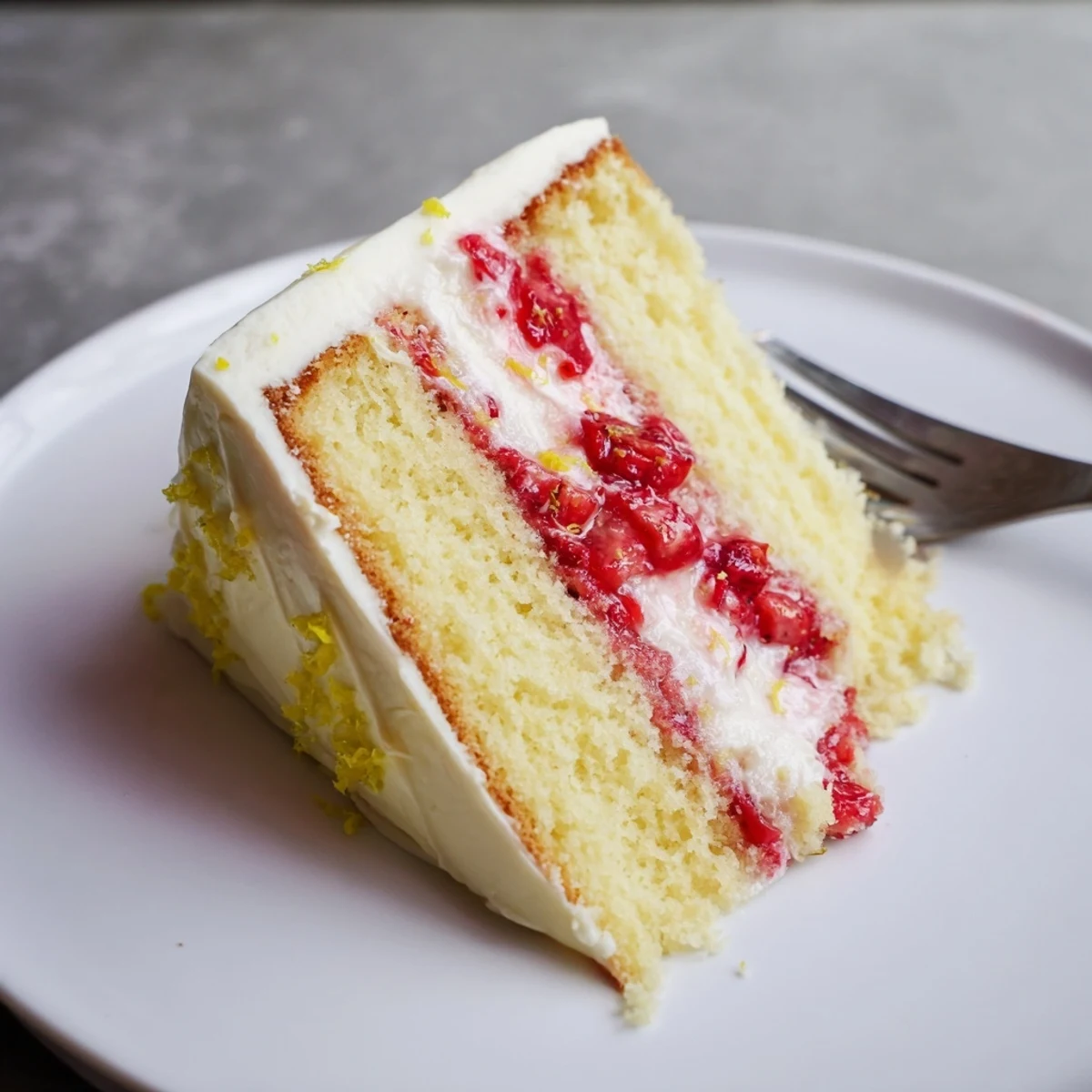 Moist layers of lemon sponge cake with strawberry filling and tangy cream cheese frosting, perfectly sliced.  