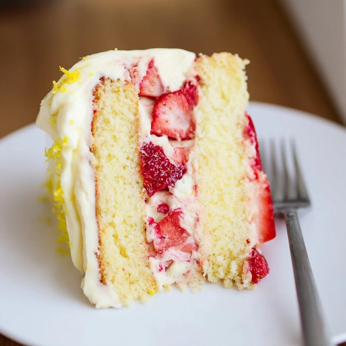 Showcasing the three-layered structure of Strawberry Lemonade Layer Cake with its fluffy frosting and berry center.