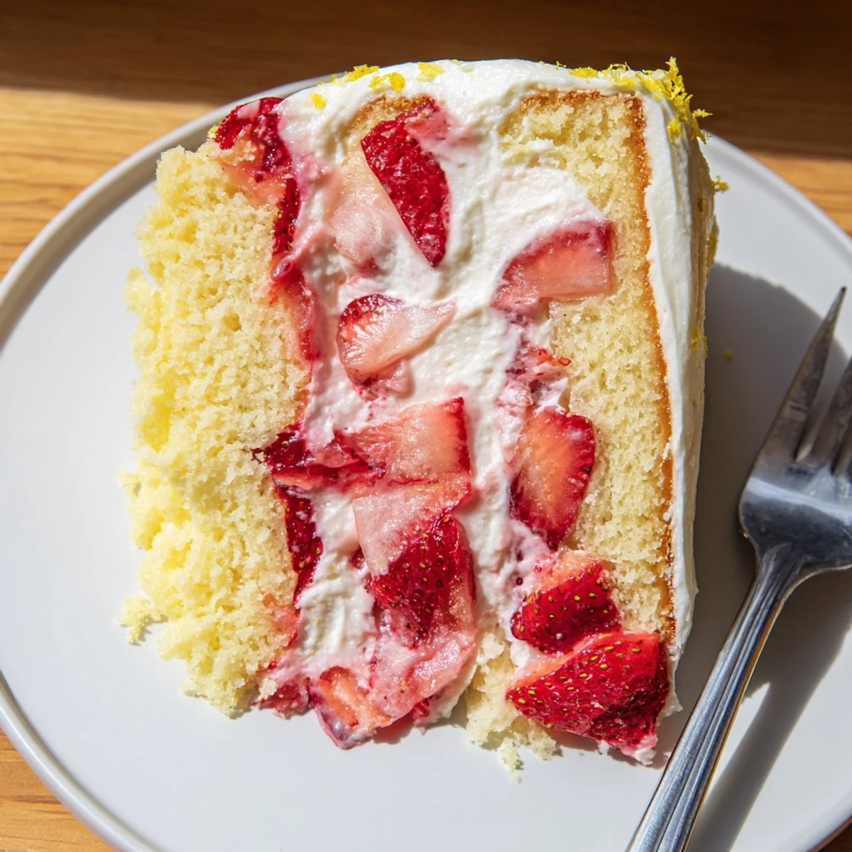 A vibrant slice of Strawberry Lemonade Layer Cake topped with fresh strawberries and a drizzle of glaze.  