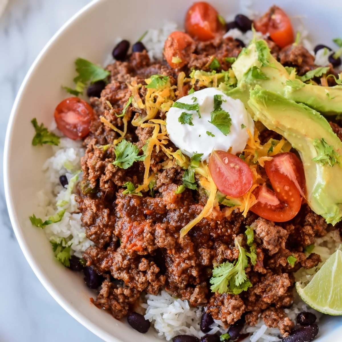 A hearty serving of Beef Burrito Bowls with Rice and Beans, featuring seasoned ground beef, fluffy rice, and black beans topped with fresh avocado and cheese.