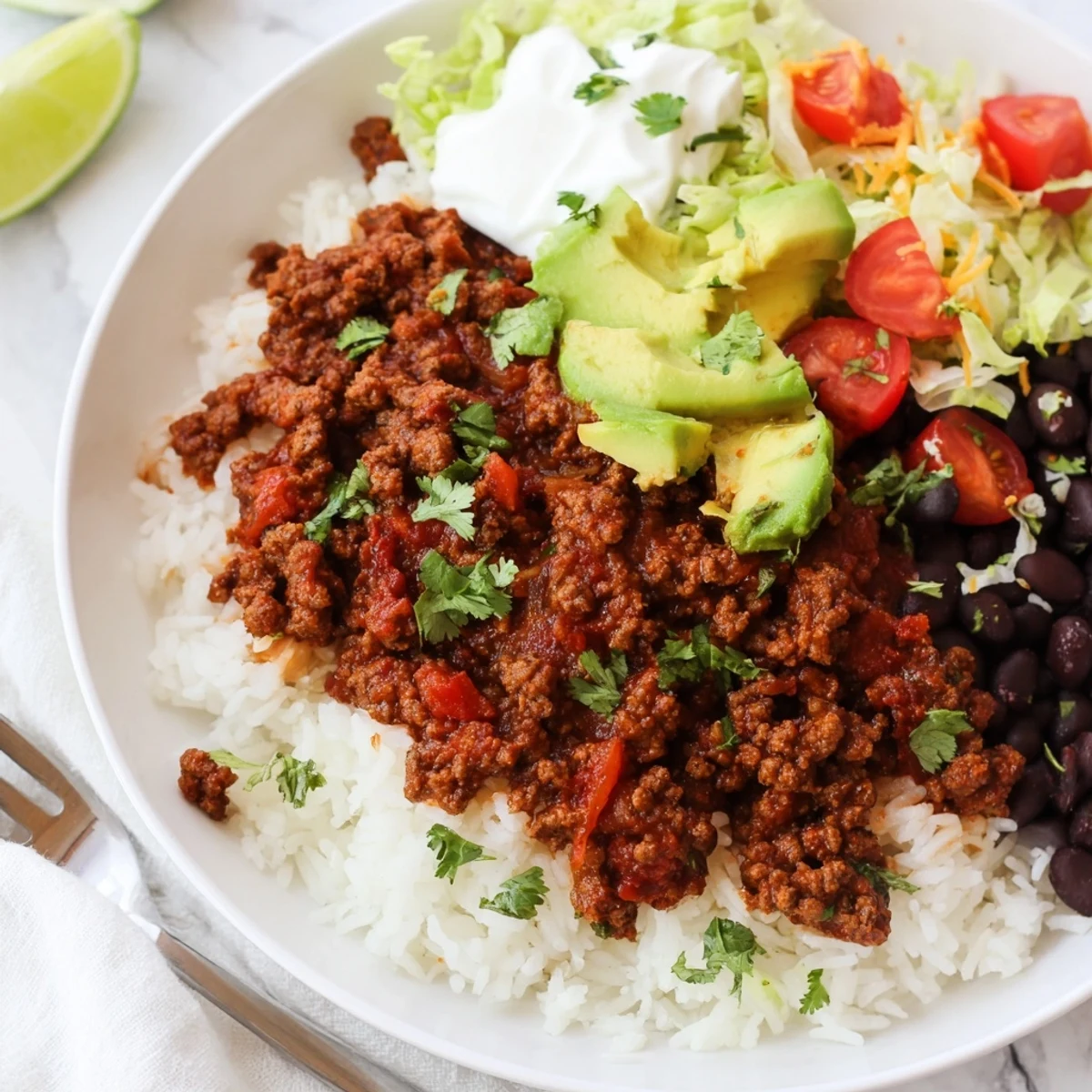 Close-up view of a vibrant Beef Burrito Bowls with Rice and Beans, garnished with cherry tomatoes, cilantro, and a dollop of sour cream on top.