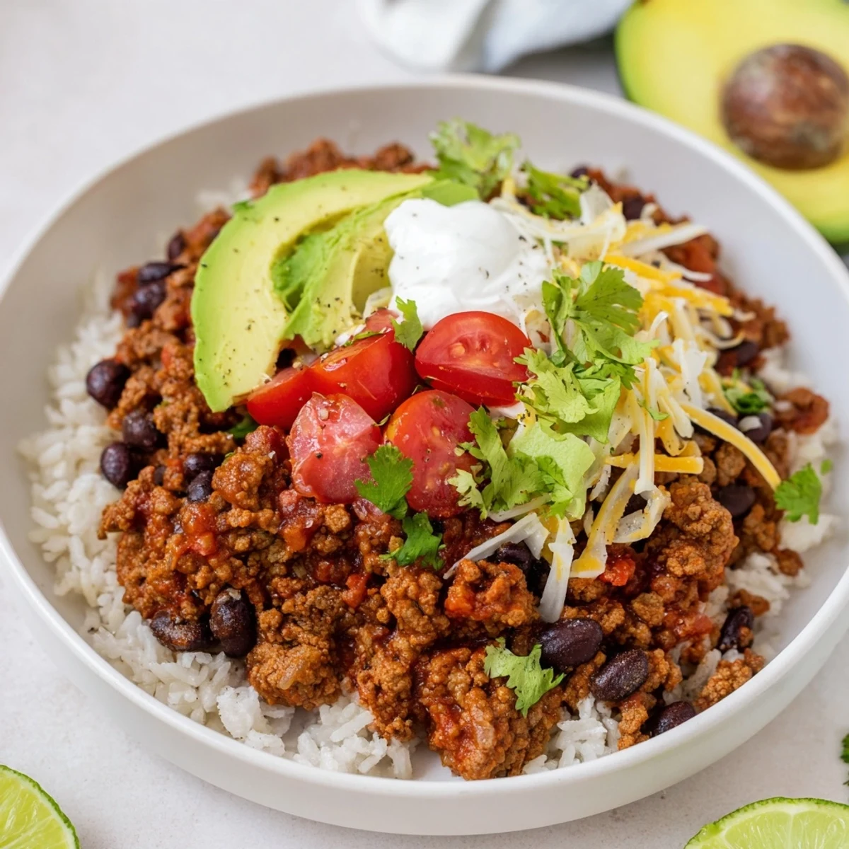 Beef Burrito Bowls with Rice and Beans arranged in a colorful, family-style bowl, ready to serve with lime wedges and shredded lettuce.