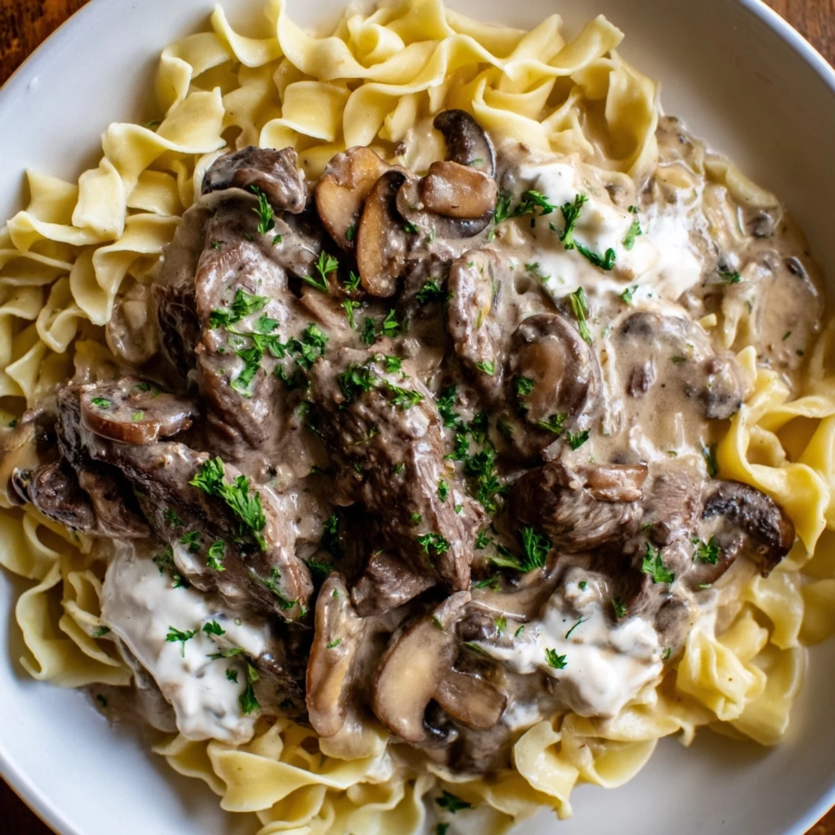 Tender beef strips and mushrooms in rich stroganoff sauce served over wide egg noodles.