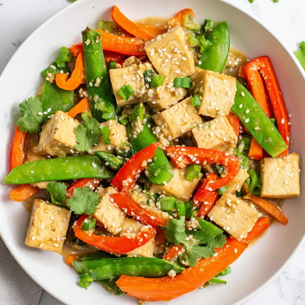 Crisp golden tofu and vibrant spring vegetables glistening in a glossy Asian-inspired sauce, a perfect main dish.  