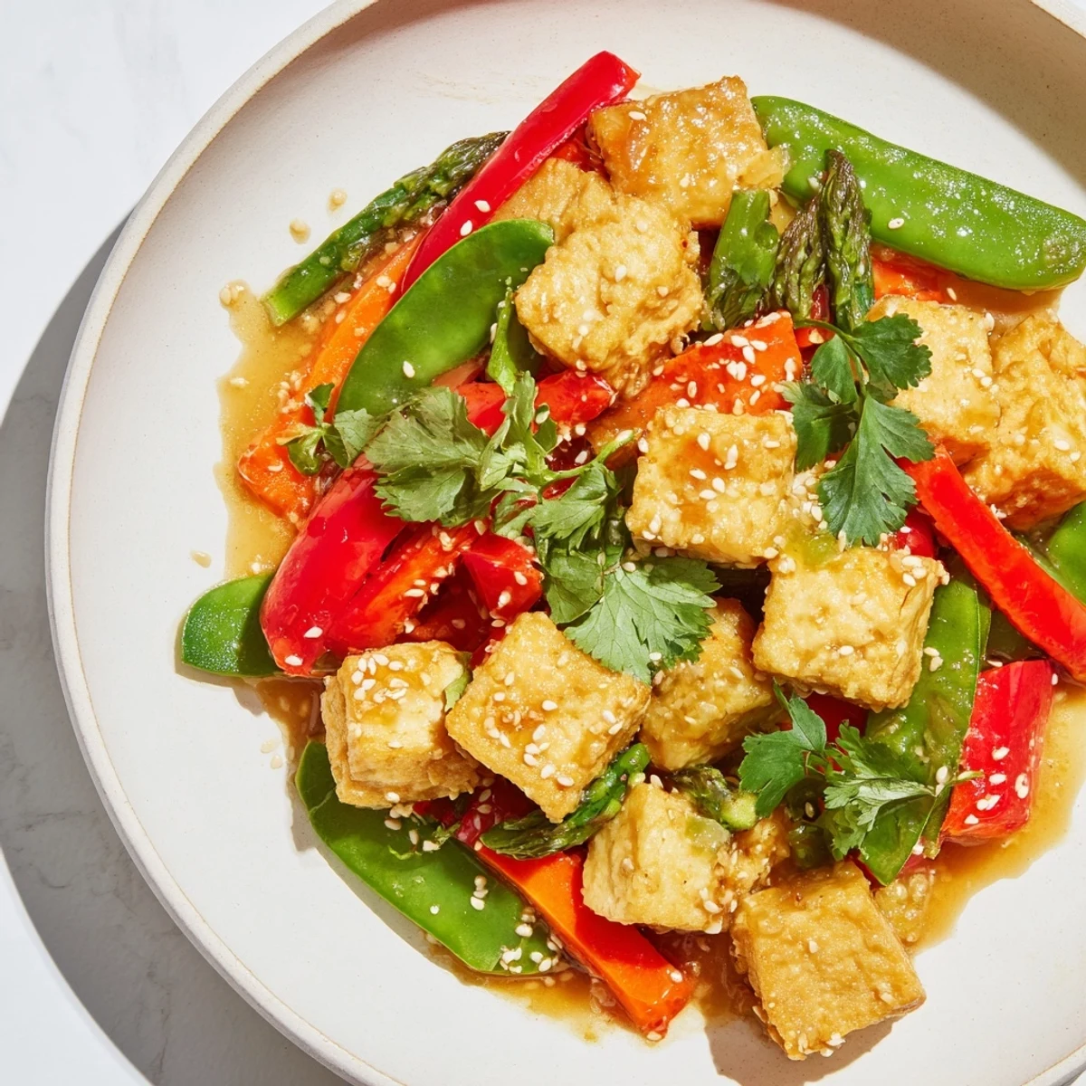 A colorful, healthy stir fry with tofu and crisp spring vegetables, ideal for a quick vegan dinner.