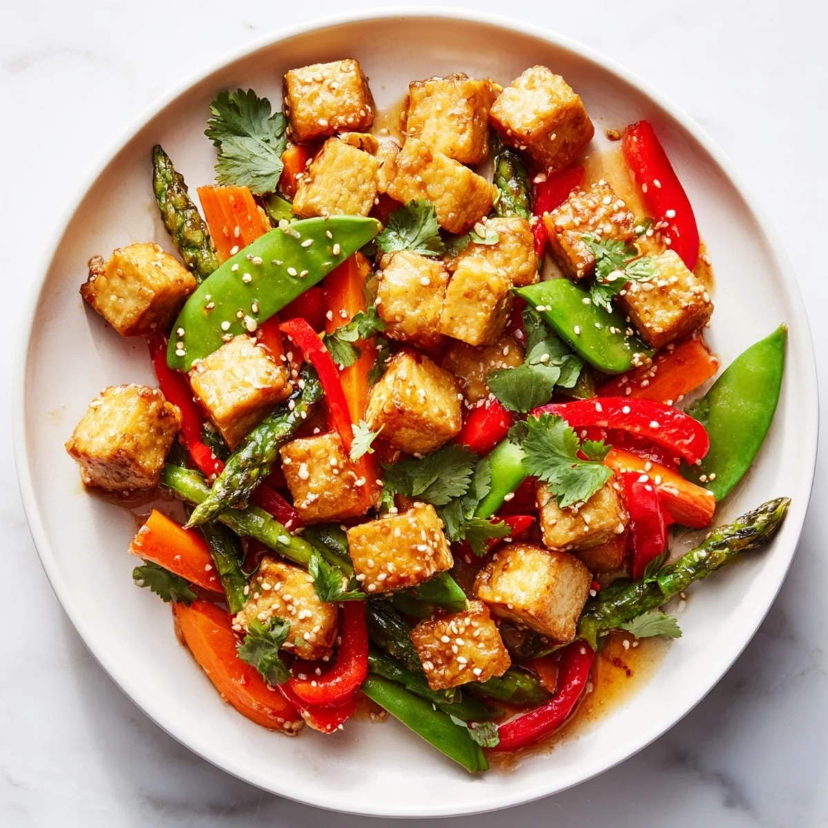 Spring Vegetable Stir Fry with Tofu served hot, garnished with sesame seeds and fresh herbs.  