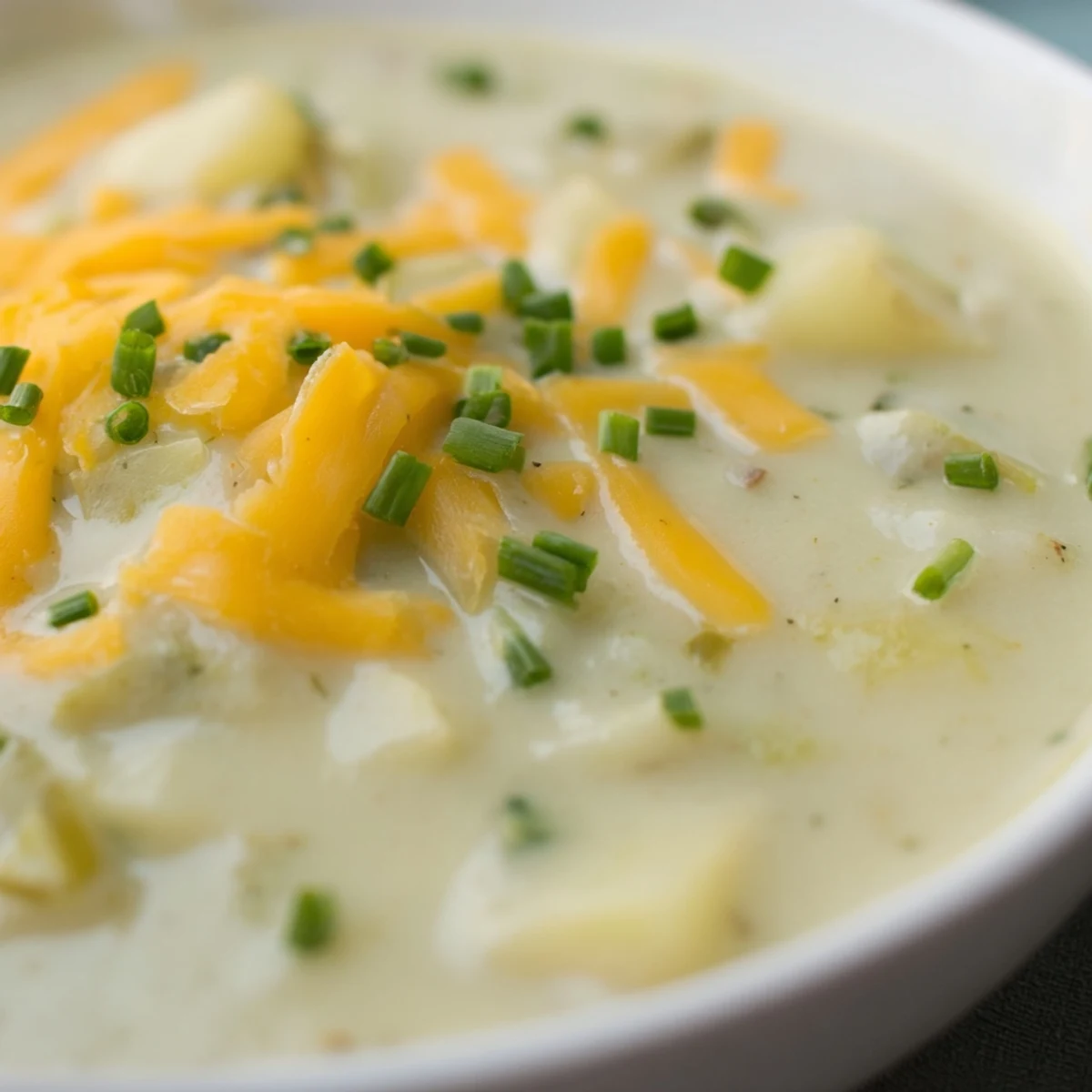 Steaming bowl of creamy Irish Potato Leek Soup with Cheddar, garnished with fresh chives and a melting cheese pull.