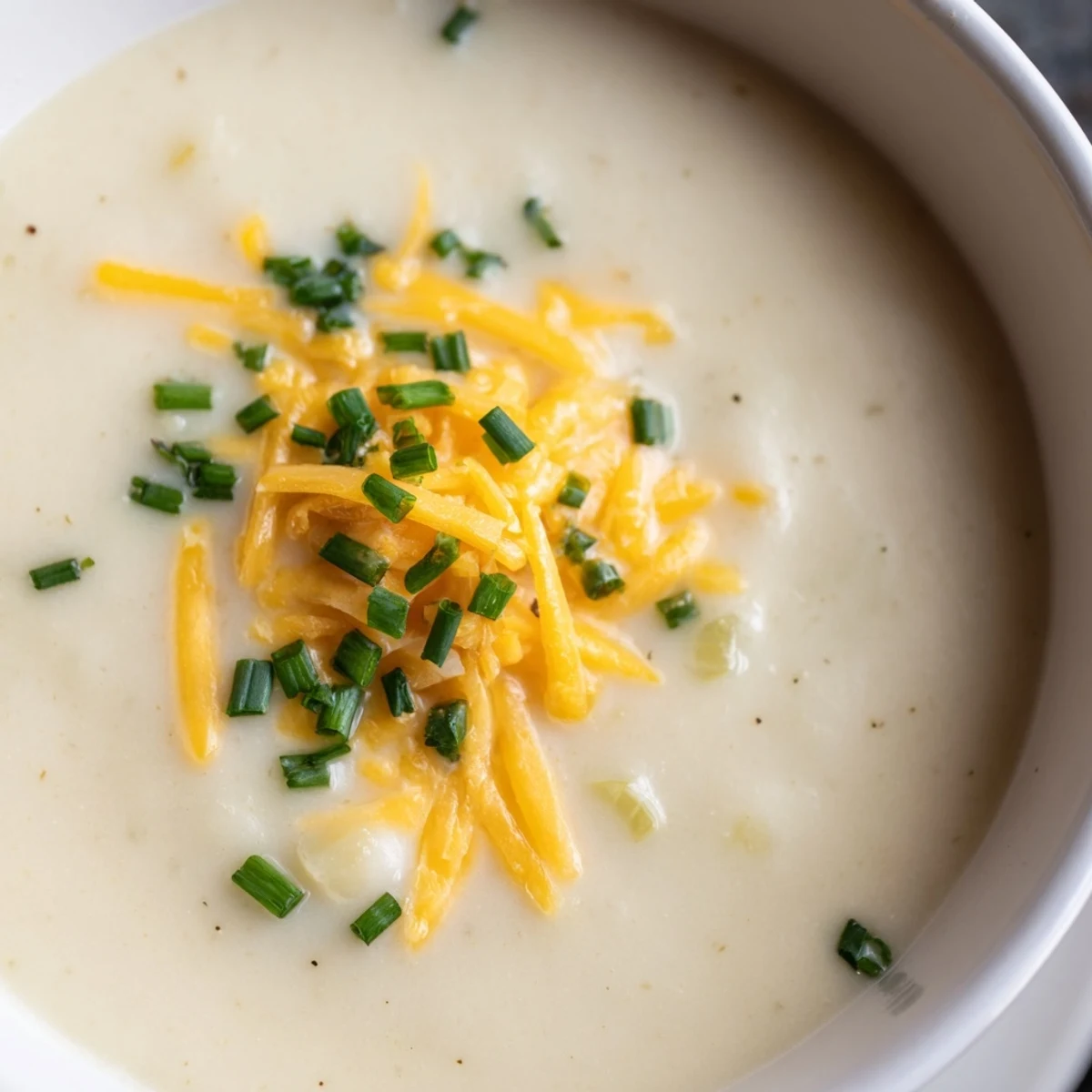 Close-up of rich Irish Potato Leek Soup with Cheddar, blending tender potatoes, sweet leeks, and sharp cheese.