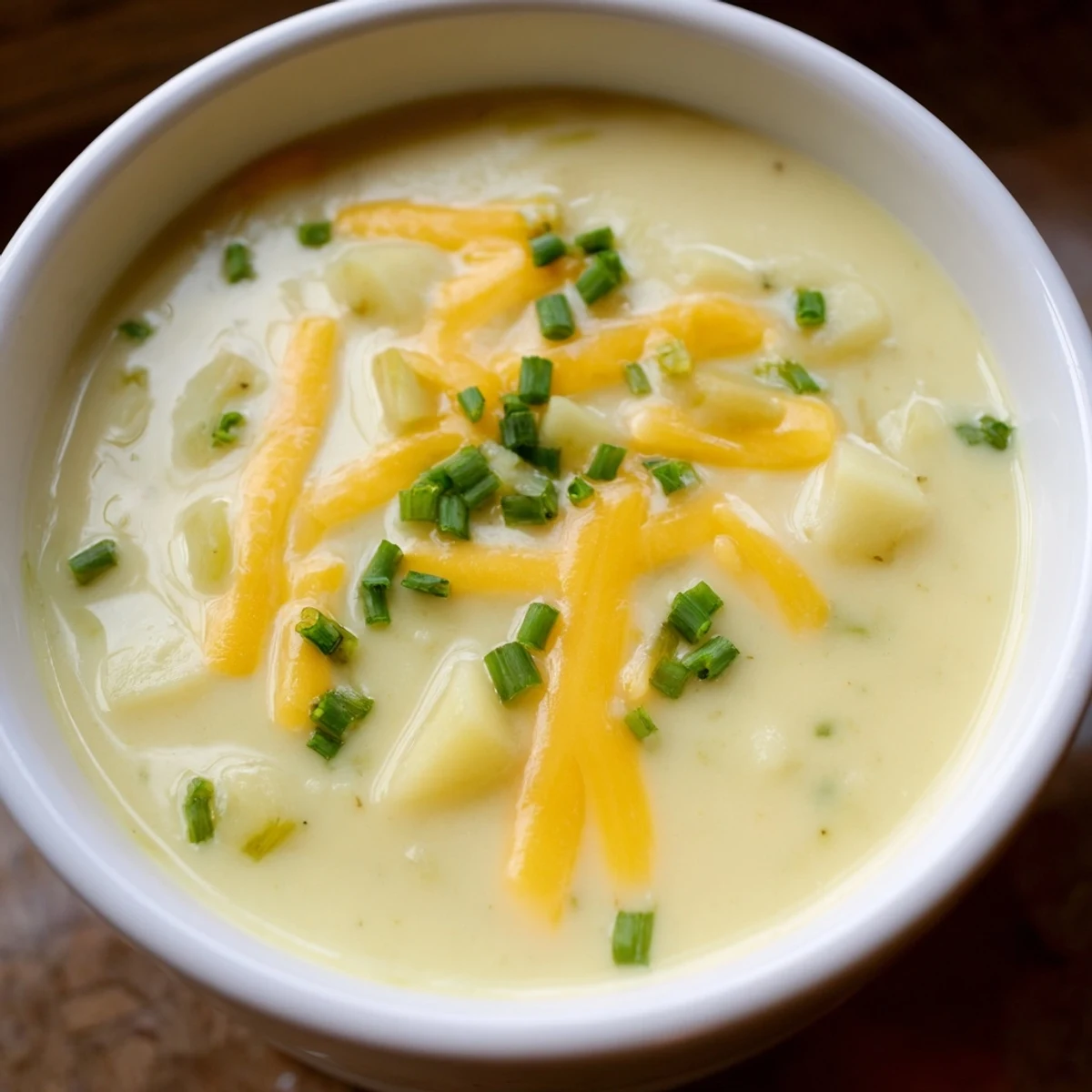 Serving suggestion for Irish Potato Leek Soup with Cheddar alongside crusty sourdough bread for dipping.