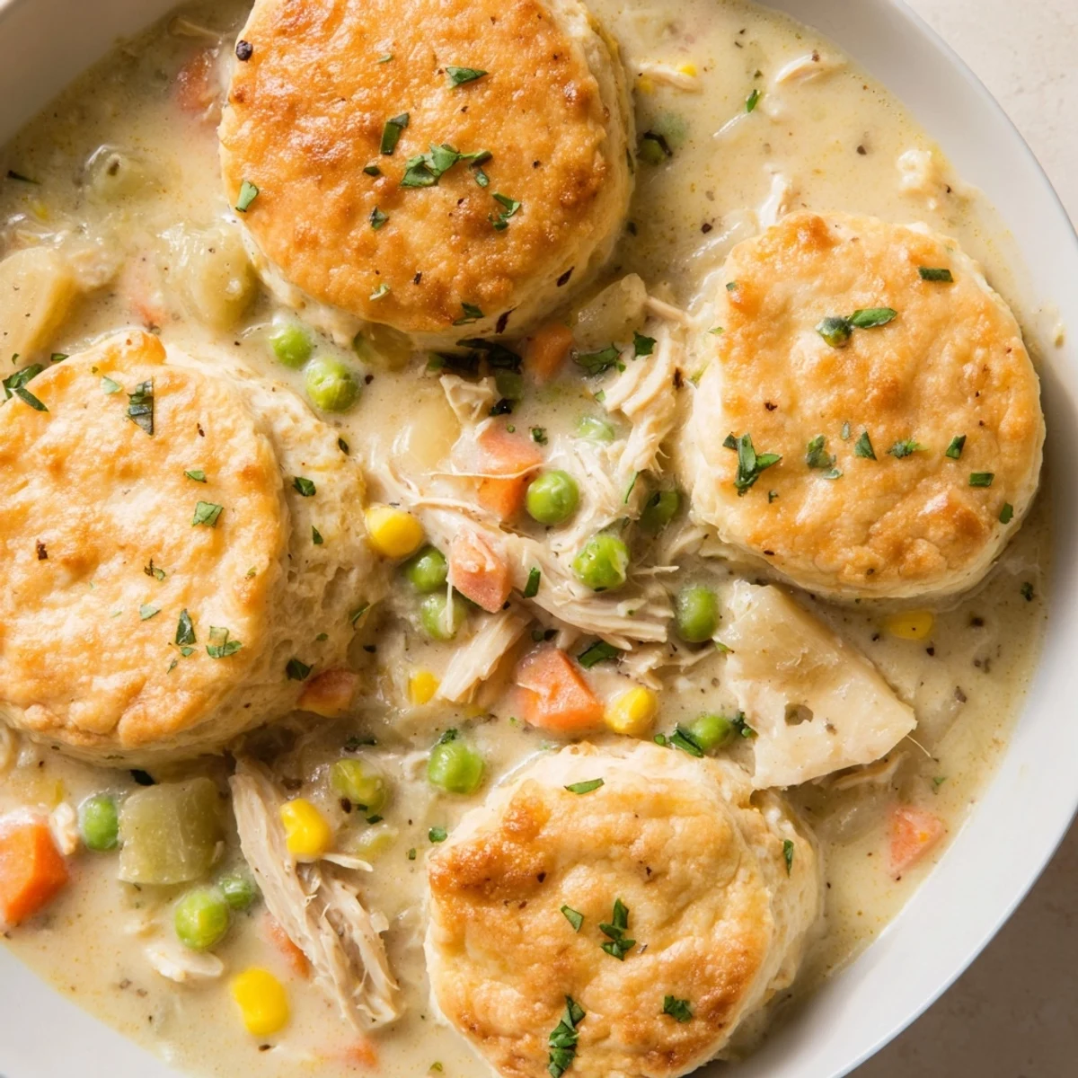 A comforting bowl of Chicken Pot Pie Soup with Biscuit Topping, featuring creamy broth and golden-brown biscuits, served in a rustic pot.