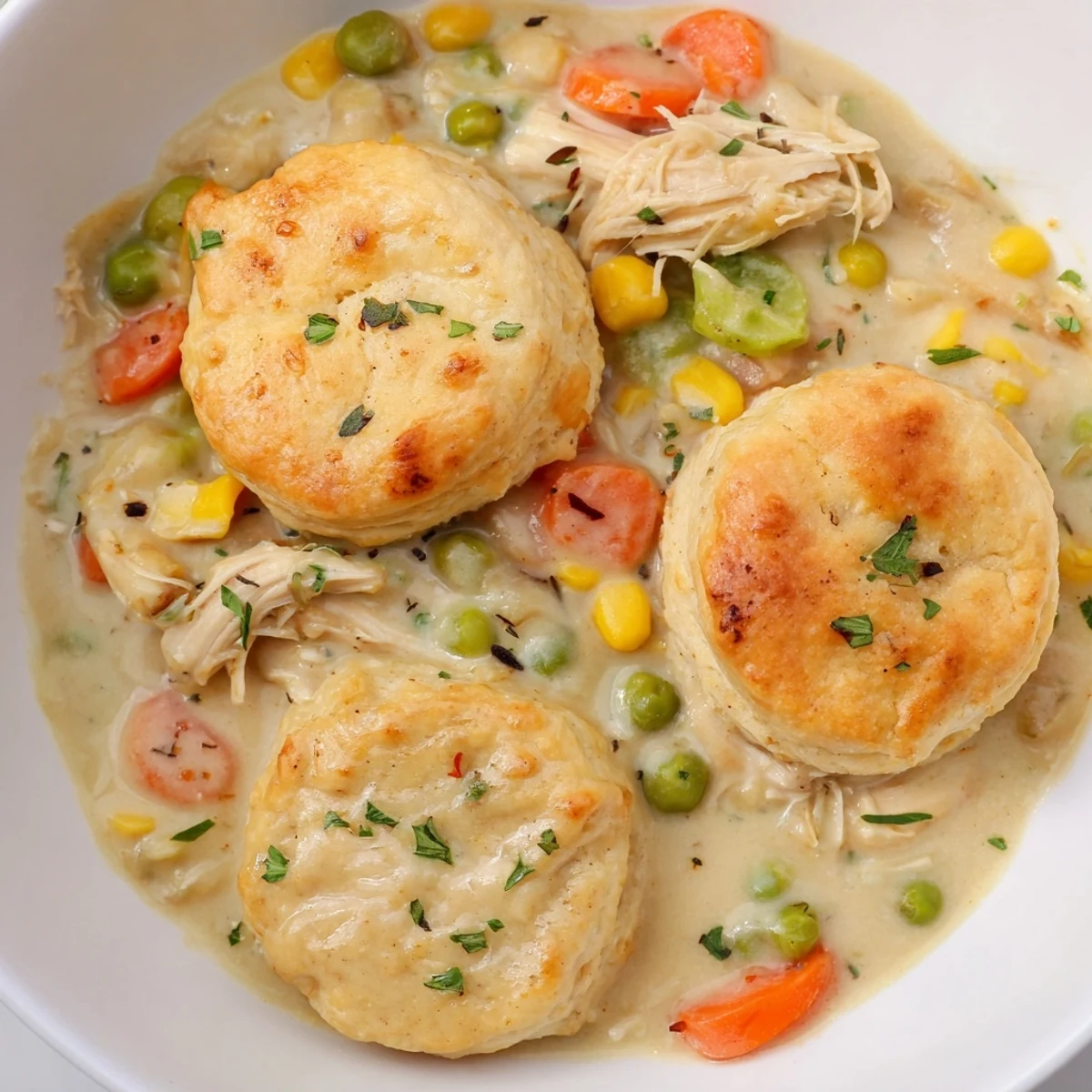 Golden, flaky biscuits sit atop creamy Chicken Pot Pie Soup with Biscuit Topping, garnished with fresh parsley and tender vegetables.