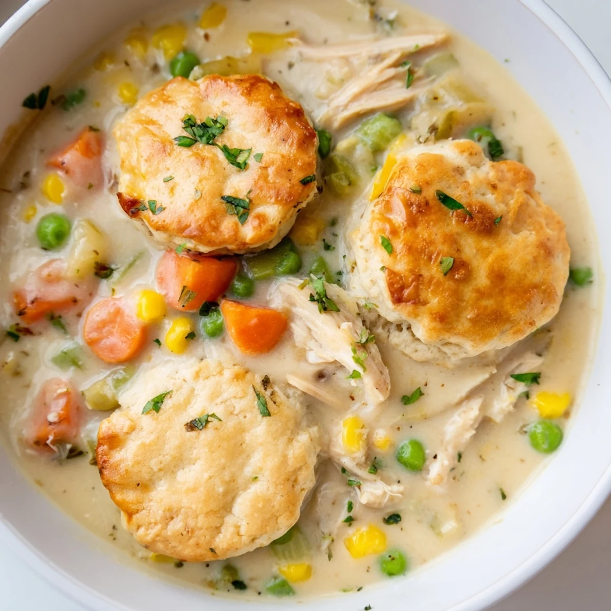 Cozy serving of Chicken Pot Pie Soup with Biscuit Topping, ready to enjoy with a spoon, showcasing rich broth and baked biscuits.
