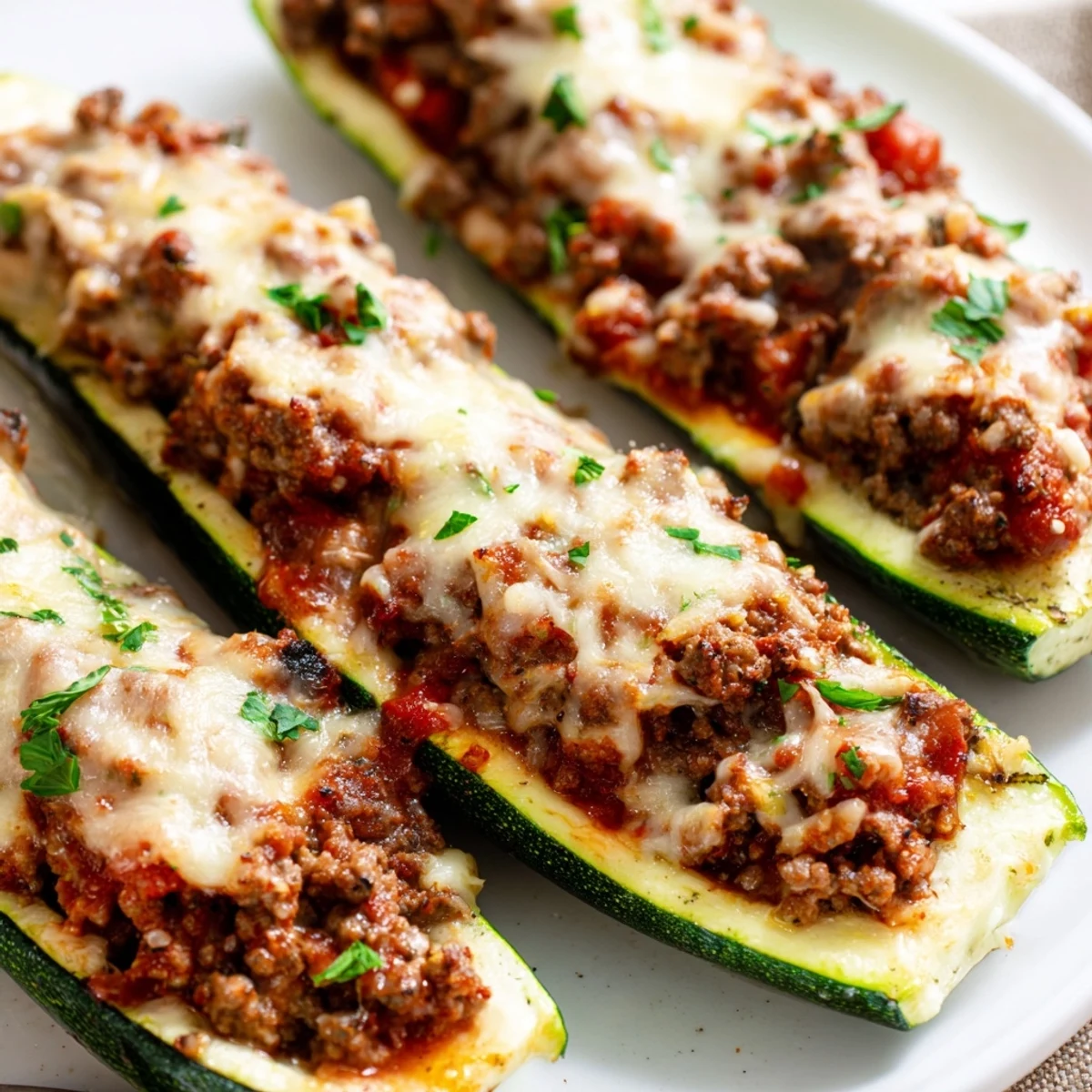 Golden, bubbly mozzarella and Parmesan melt over savory ground beef filling inside tender baked zucchini boats.