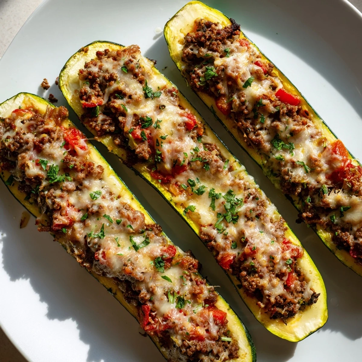 Zucchini Boats Stuffed with Ground Beef are served on a white plate with fresh parsley garnish.