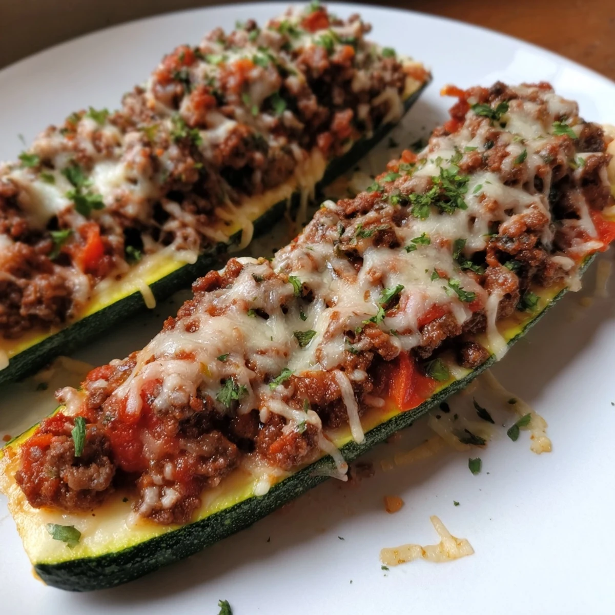 Low-carb Zucchini Boats Stuffed with Ground Beef make a family-friendly weeknight dinner with a hearty, cheesy filling.