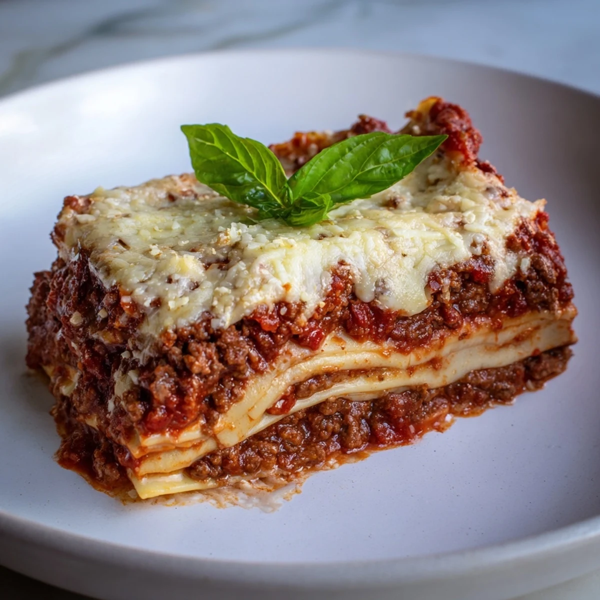 Golden-brown Classic Beef Lasagna with Homemade Marinara topped with fresh basil leaves, served hot from the oven on a rustic table.