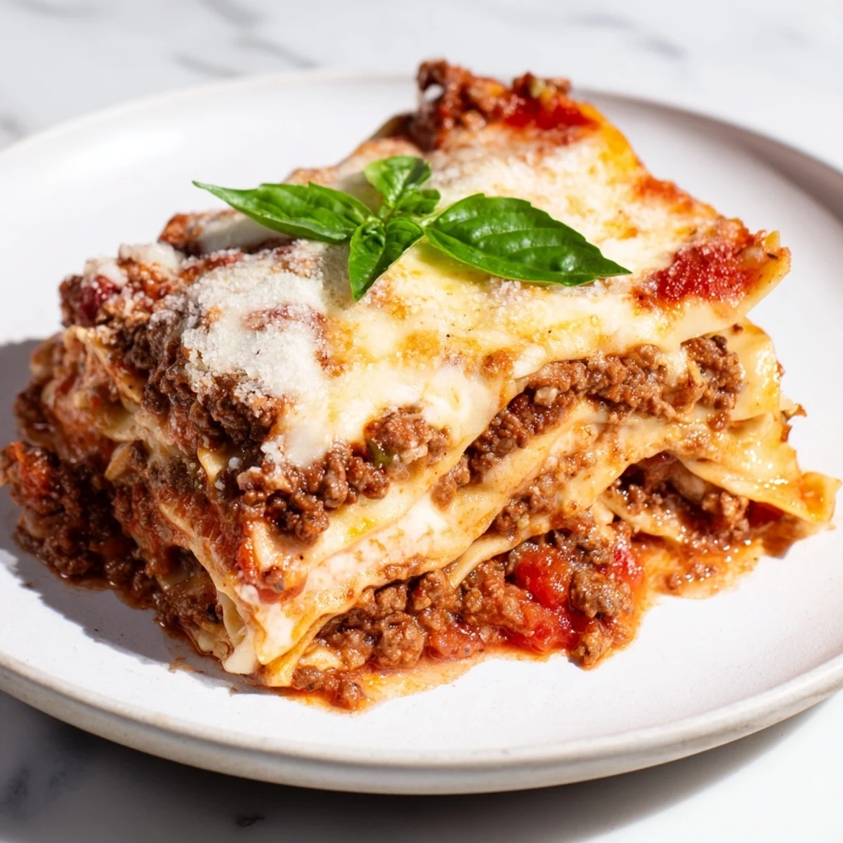 Classic Beef Lasagna with Homemade Marinara layered with rich beef ragù, creamy béchamel, and bubbling melted mozzarella cheese.