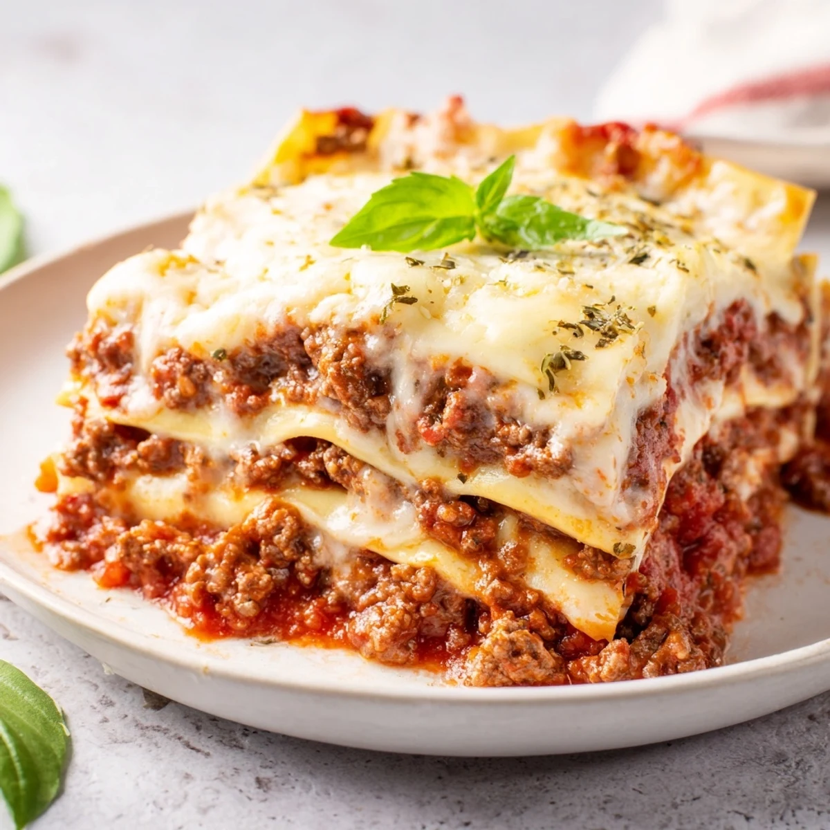 A close-up view of Classic Beef Lasagna with Homemade Marinara revealing tender pasta layers and savory beef filling inside.