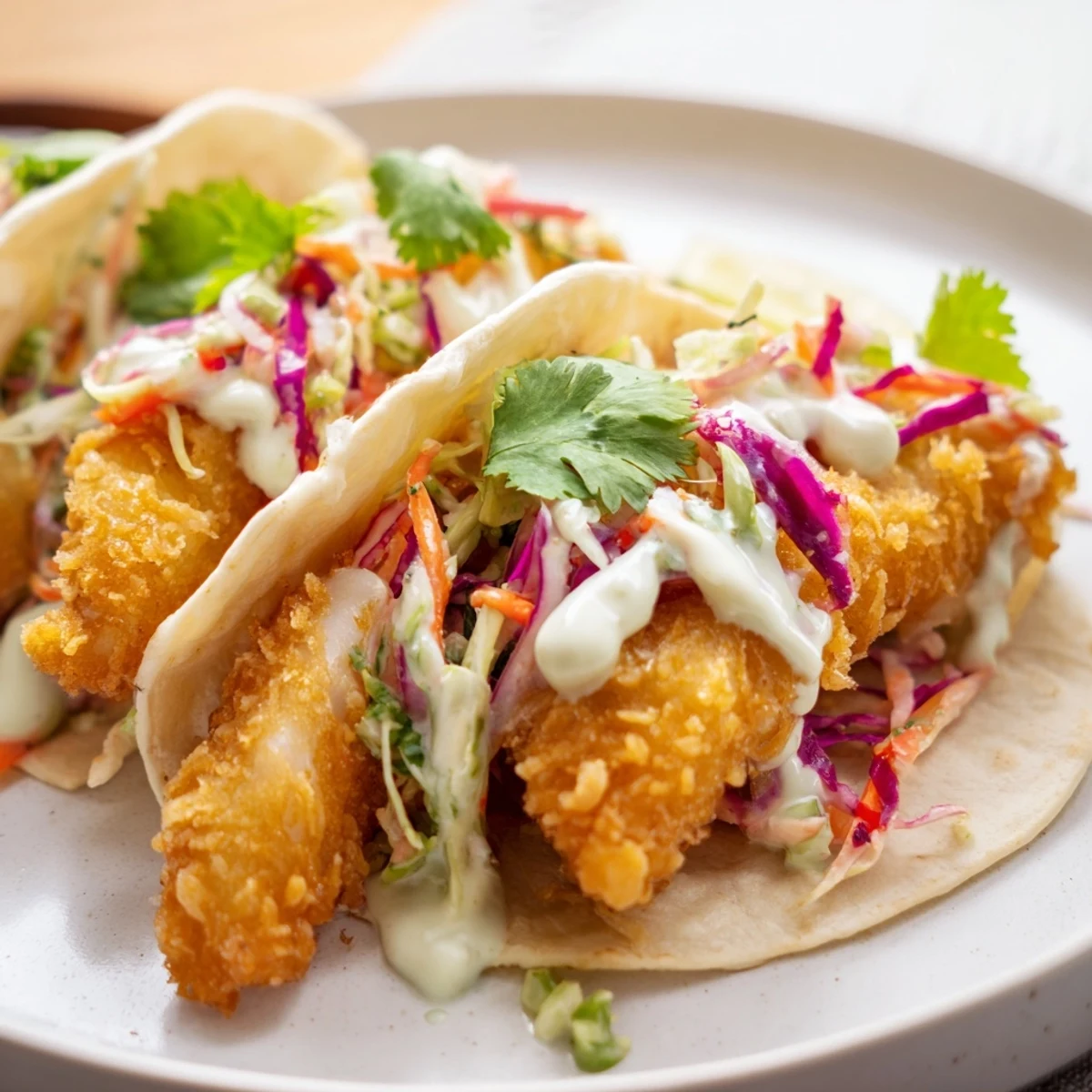 Golden fried fish fillets inside warm tortillas, topped with crunchy cabbage slaw and creamy drizzle, on a plate.