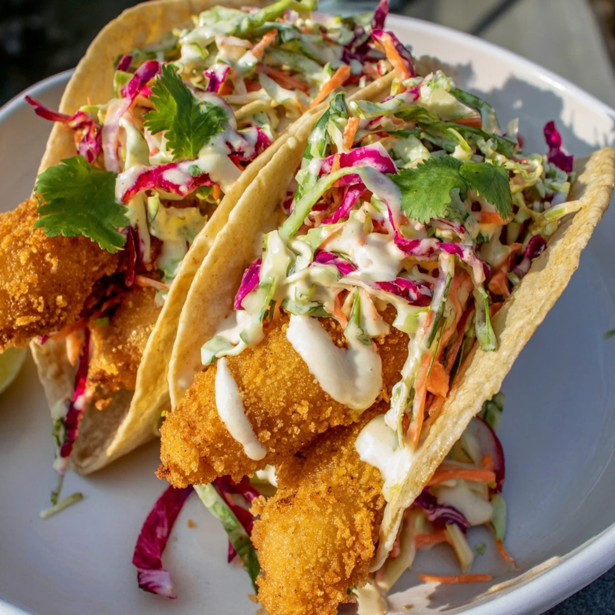Freshly assembled Crispy Fish Tacos with Cabbage Slaw and lime wedges on a colorful plate for dinner.