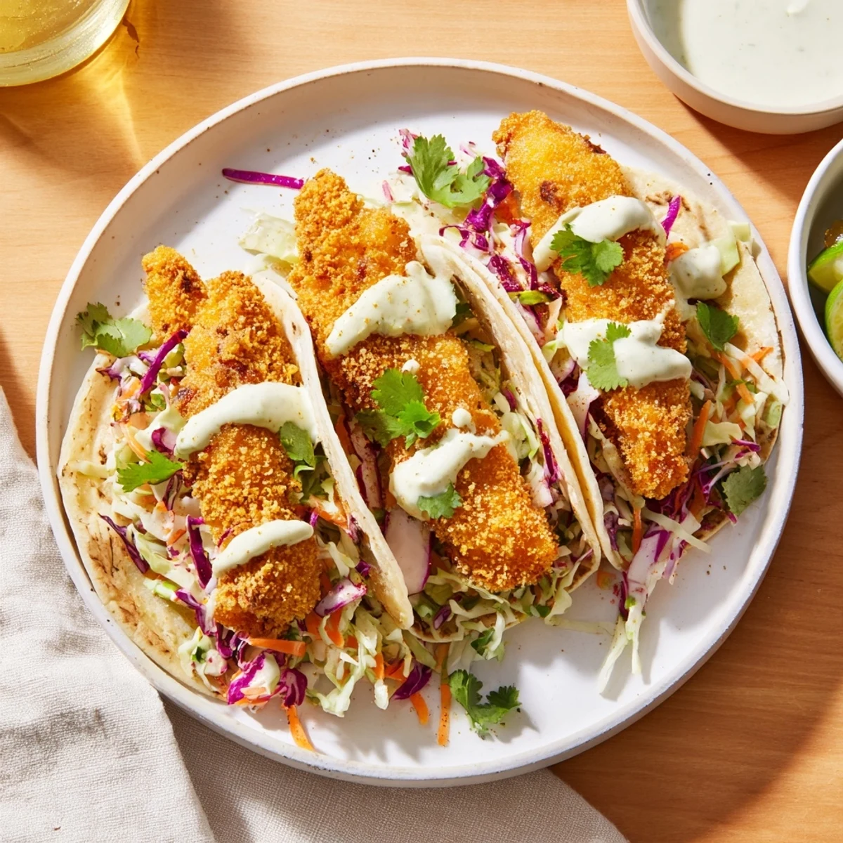 Crispy Fish Tacos with Cabbage Slaw stuffed with battered fish, shredded slaw, and crema on a serving platter.