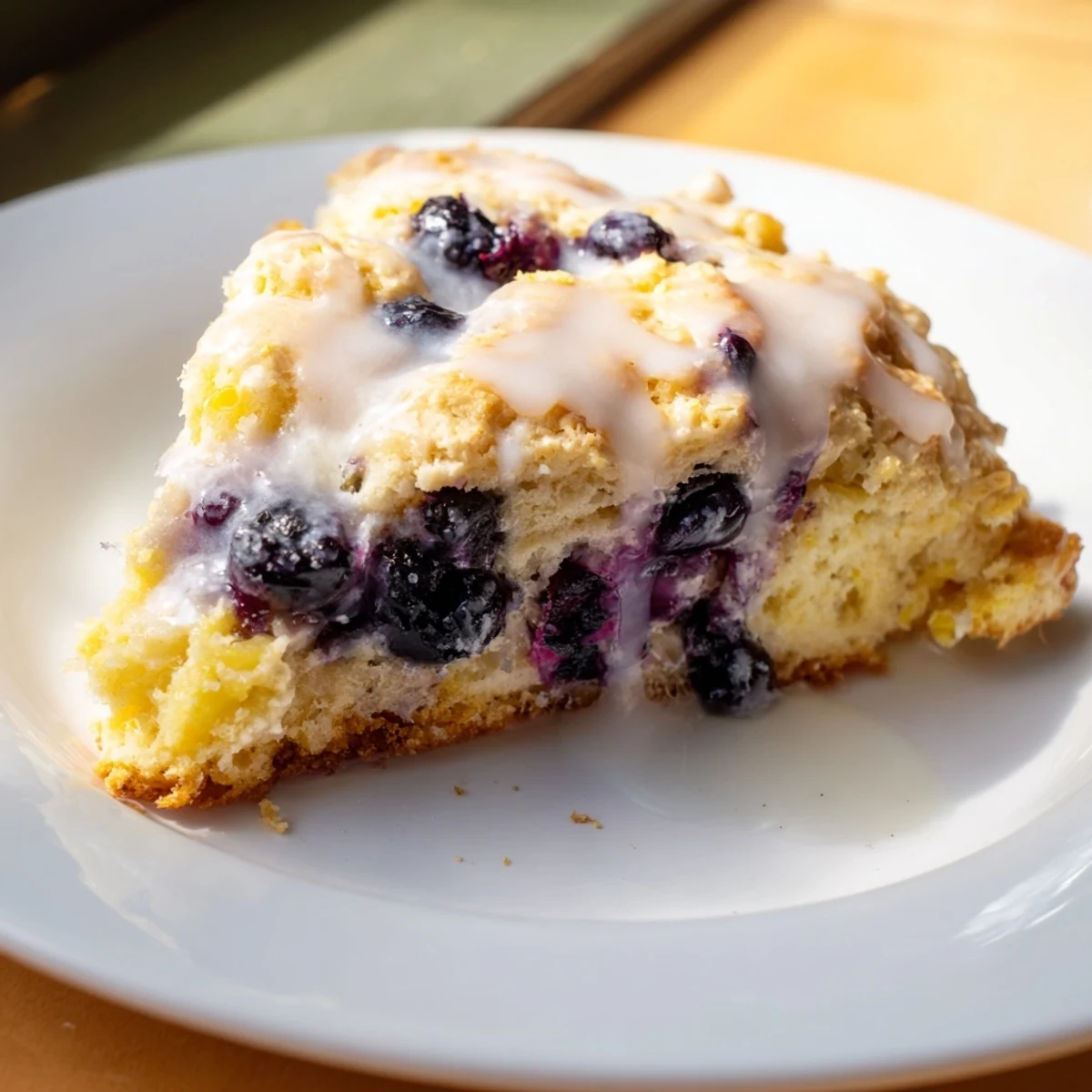 Freshly baked Lemon Blueberry Scones with Vanilla Glaze showing golden edges and juicy berries.