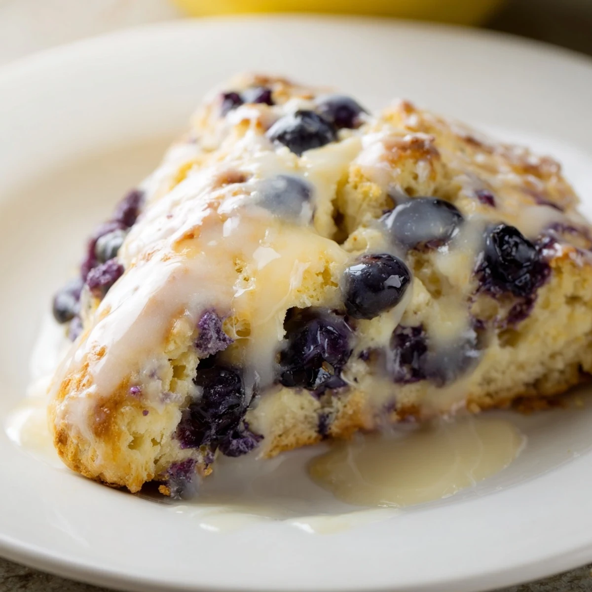 A close-up of Lemon Blueberry Scones with Vanilla Glaze drizzled over warm tender crumb.