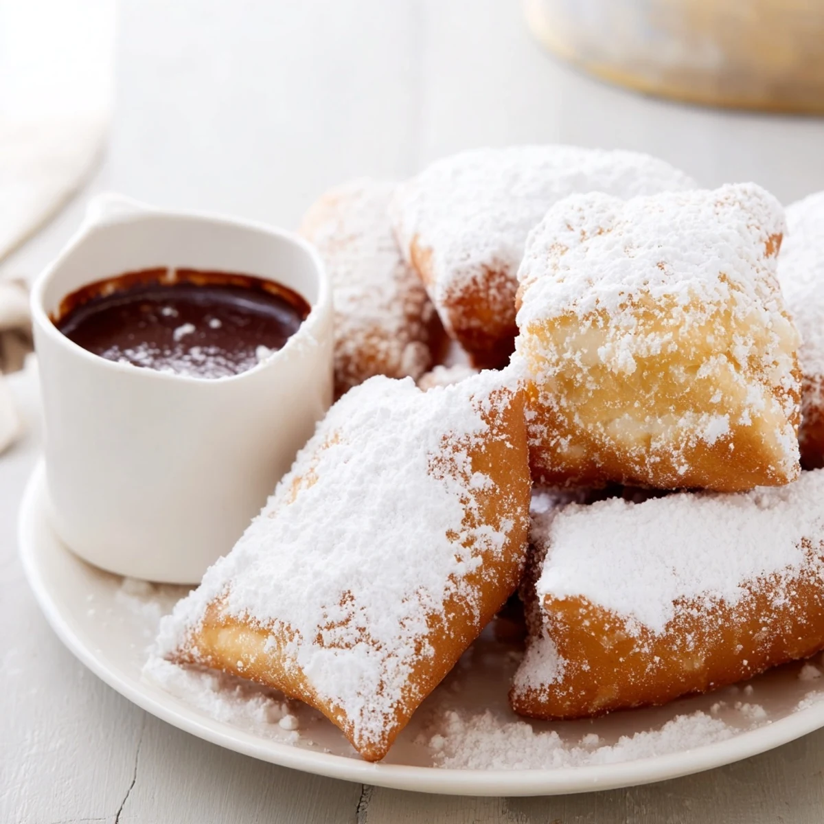 Golden-brown Mardi Gras Beignets with Chocolate Sauce, dusted with powdered sugar and served warm on a festive plate.