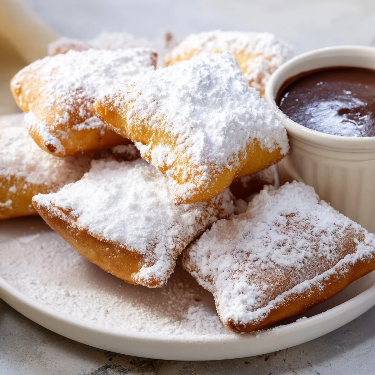 A close-up of freshly fried Mardi Gras Beignets with Chocolate Sauce, showing fluffy interiors and a rich, glossy dip.