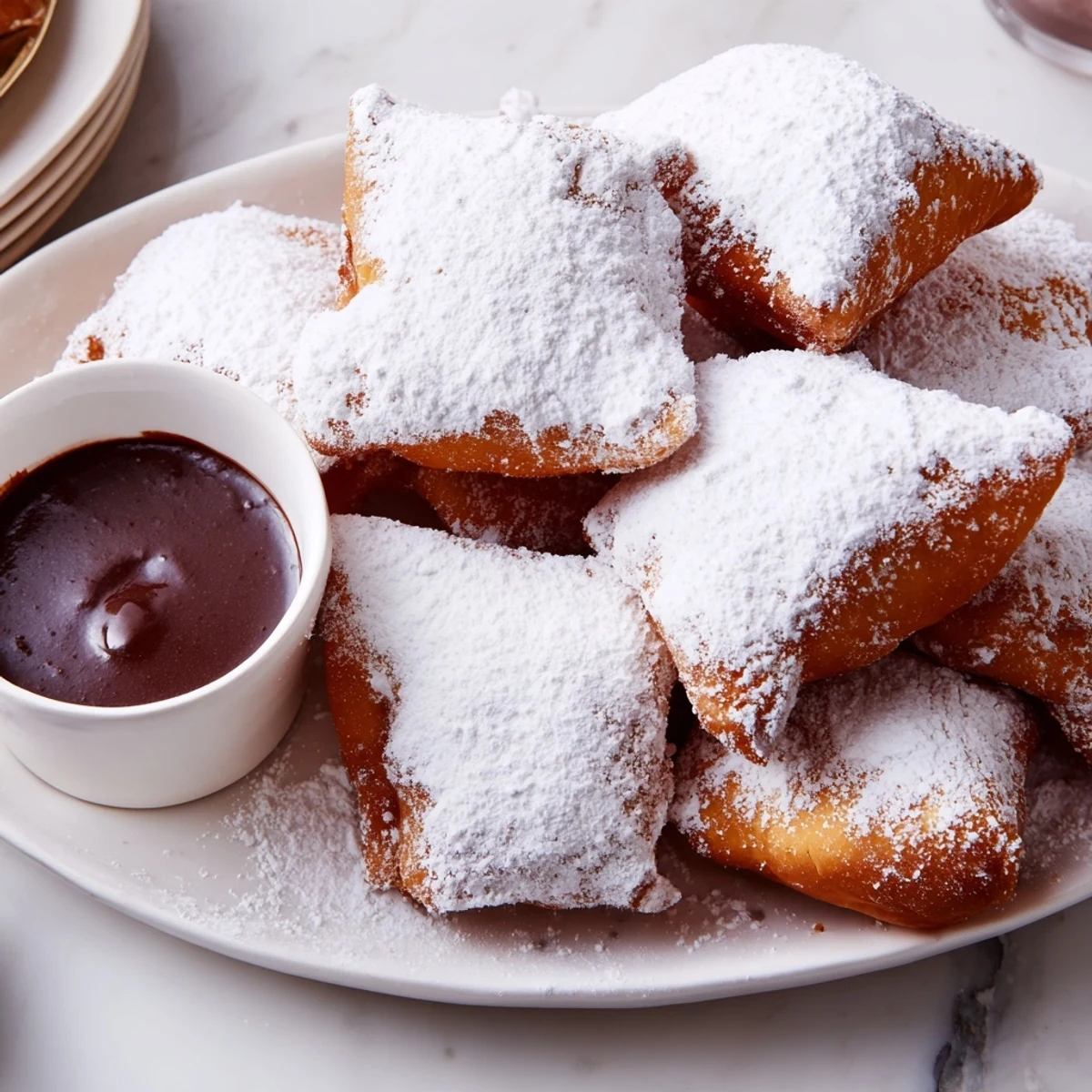 Warm Mardi Gras Beignets with Chocolate Sauce stacked on a napkin, perfect for a New Orleans-style dessert treat.