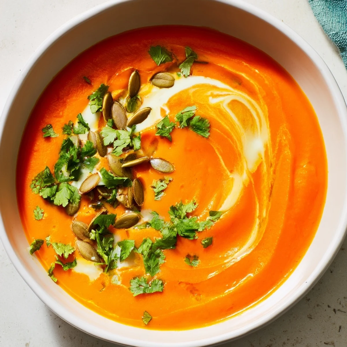 Silky Carrot and Ginger Soup with Coconut Milk in a white bowl with a spoon and crusty bread nearby.