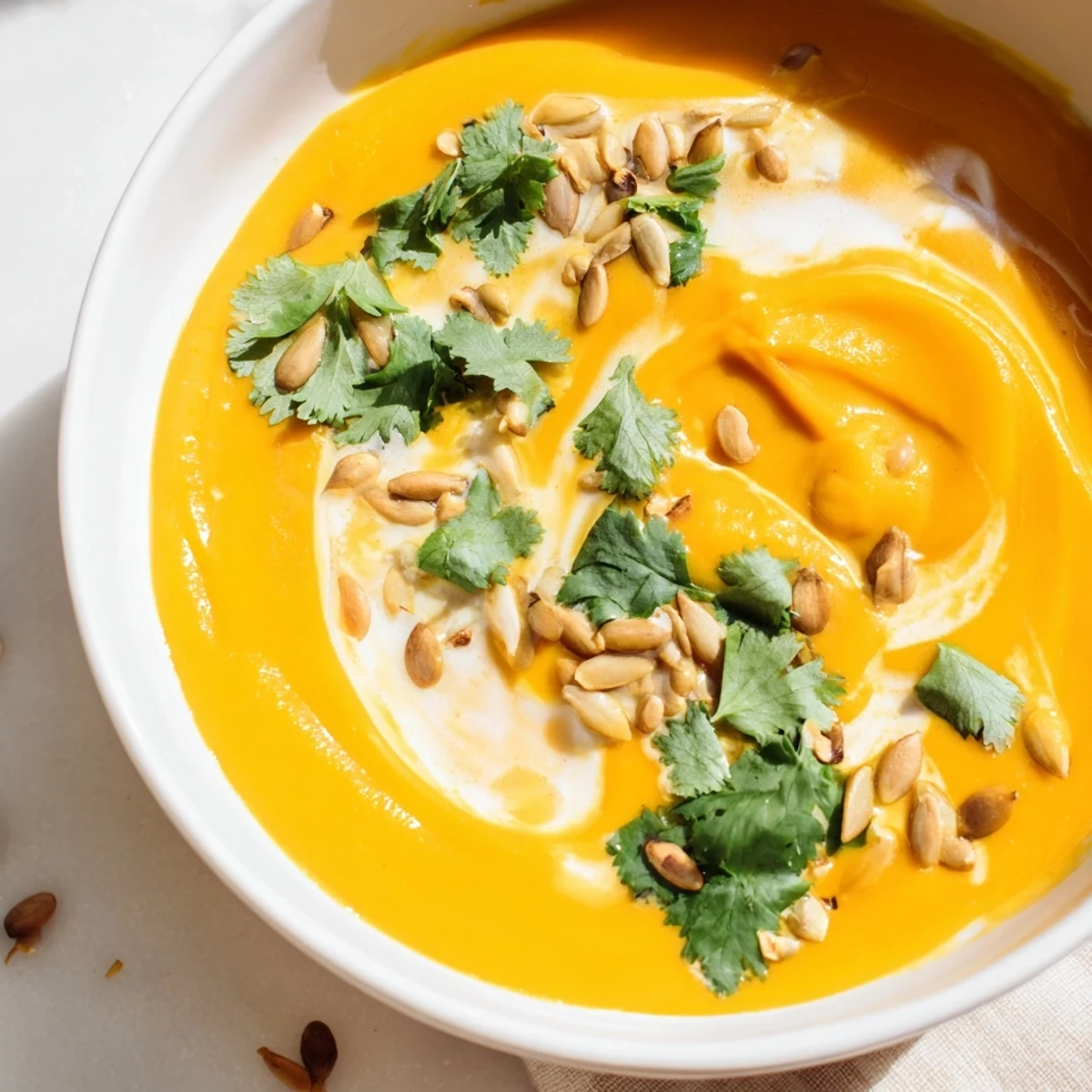 Golden Carrot and Ginger Soup with Coconut Milk, garnished with cilantro and pumpkin seeds on a rustic table.