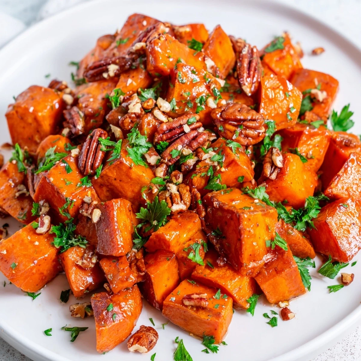 A close-up view of Roasted Sweet Potatoes with Maple and Pecans, highlighting tender cubes and toasted nut topping.