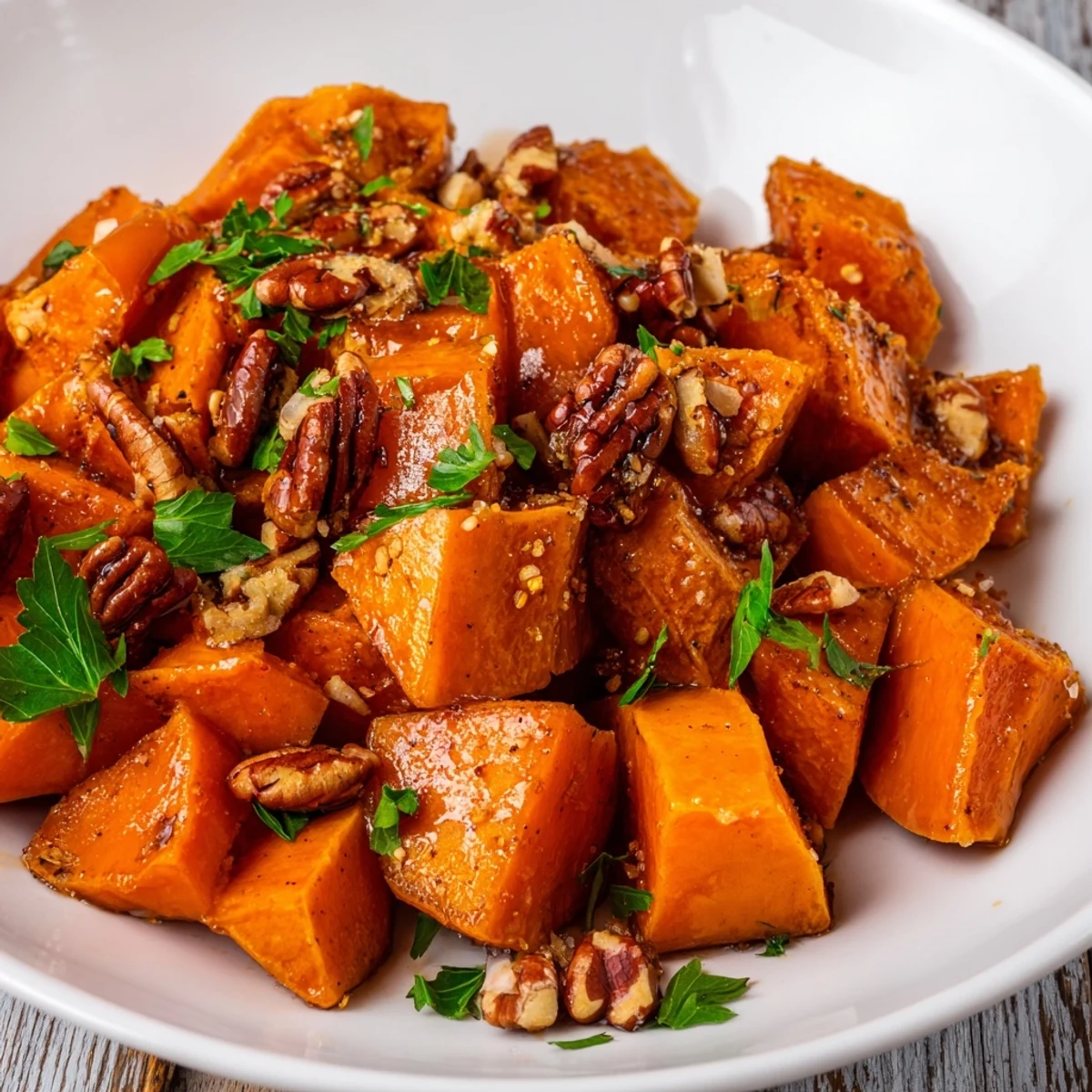 Roasted Sweet Potatoes with Maple and Pecans glistening with syrup, served warm alongside a holiday dinner spread.