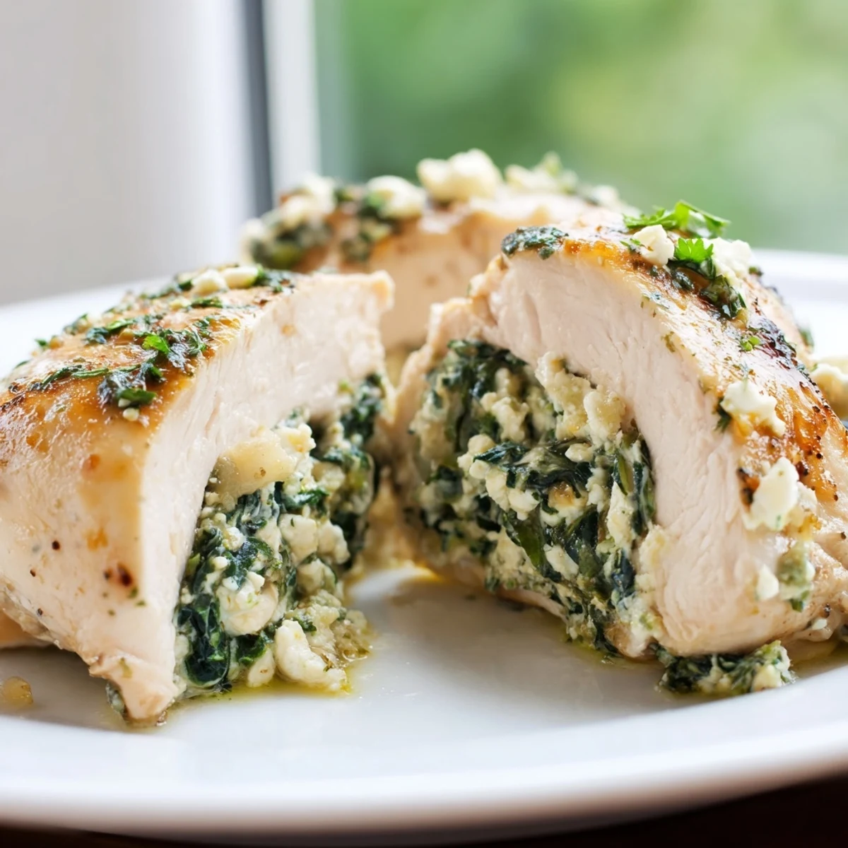 Overhead view of baked Spinach and Feta Stuffed Chicken Breast served on a white plate, garnished with fresh parsley and dill.