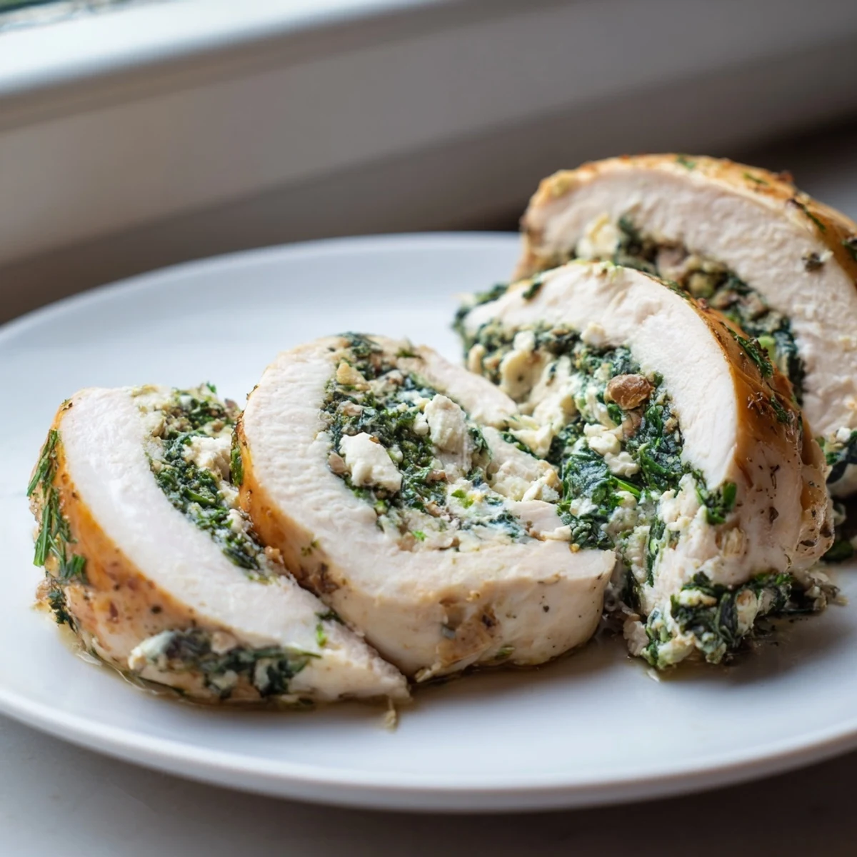 A close-up of Spinach and Feta Stuffed Chicken Breast, with golden baked exterior and vibrant green filling visible in a cross-section.