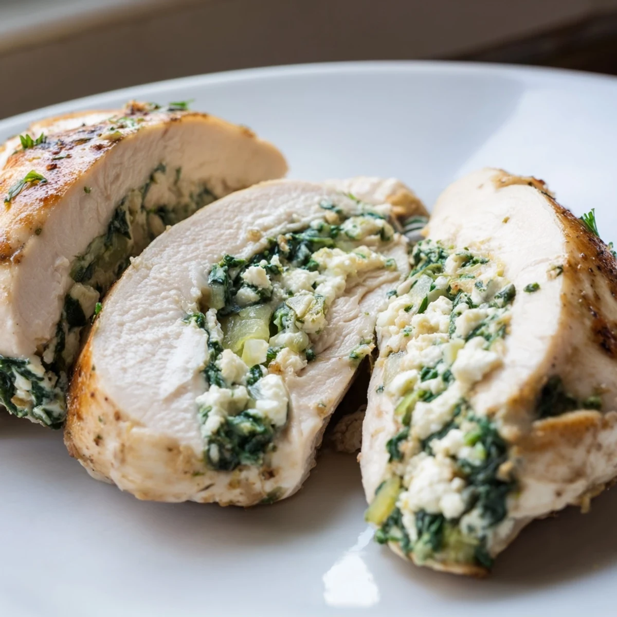 Sliced Spinach and Feta Stuffed Chicken Breast on a ceramic platter, revealing a creamy filling of spinach and crumbled feta cheese.