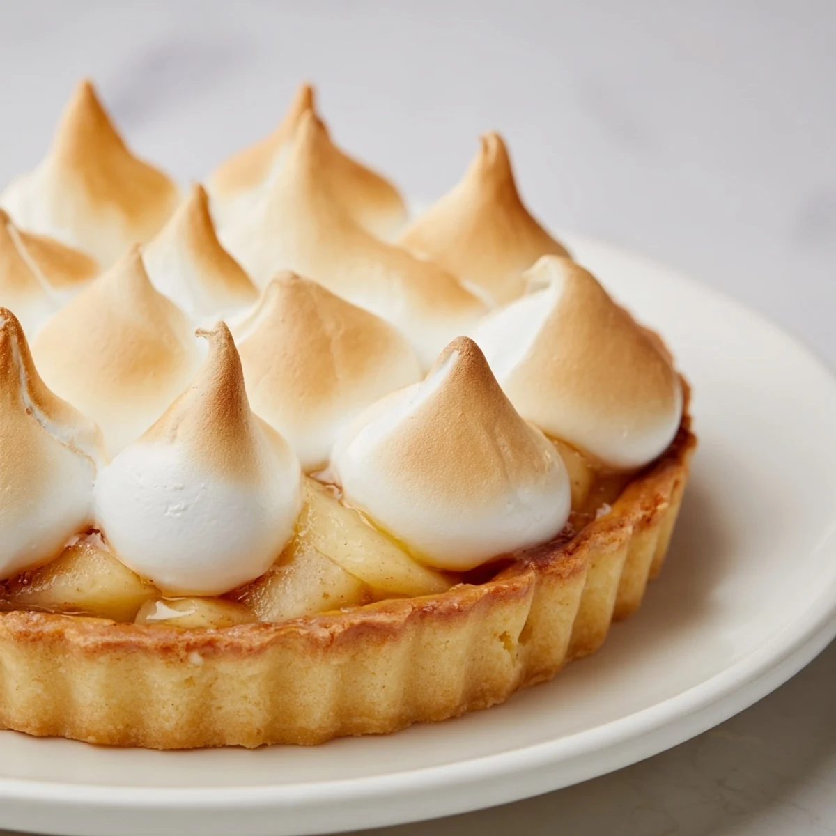 Freshly baked Irish Apple Amber Tart with Meringue Top reveals a golden, cloud-like topping on a buttery crust.