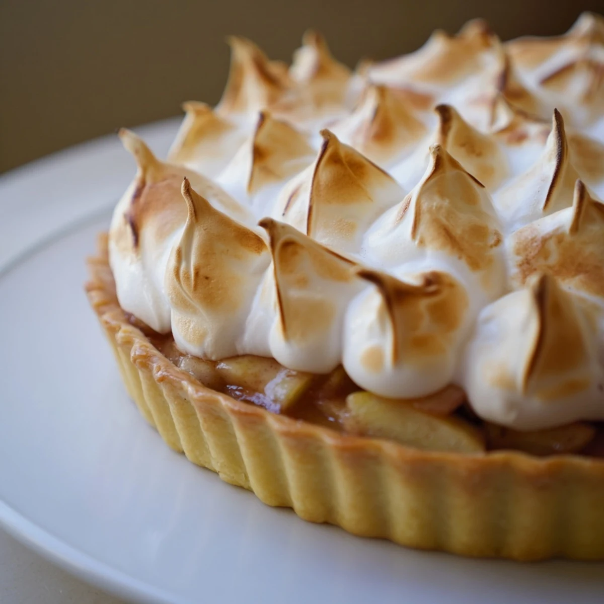 Sliced wedge of Irish Apple Amber Tart with Meringue Top, ready to serve with a dollop of whipped cream.