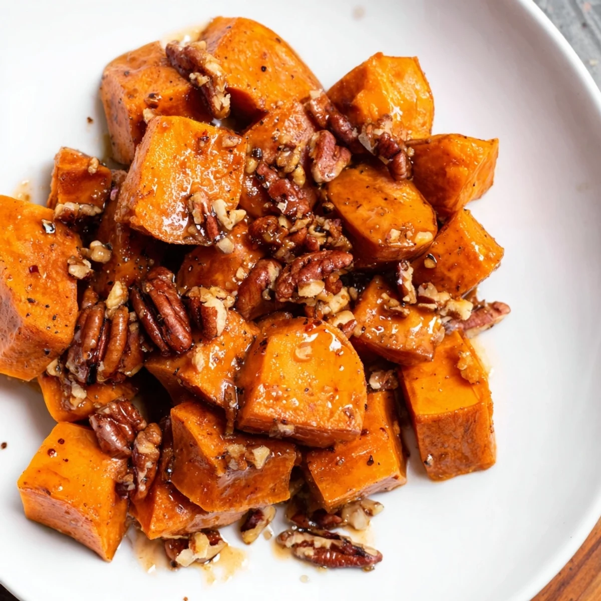 Golden roasted sweet potatoes with maple pecan glaze arranged on a white ceramic dish next to fresh rosemary sprigs.