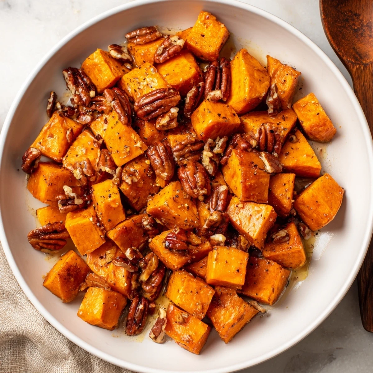 Freshly roasted sweet potatoes in a warm maple pecan glaze served alongside a holiday turkey on a festive table.