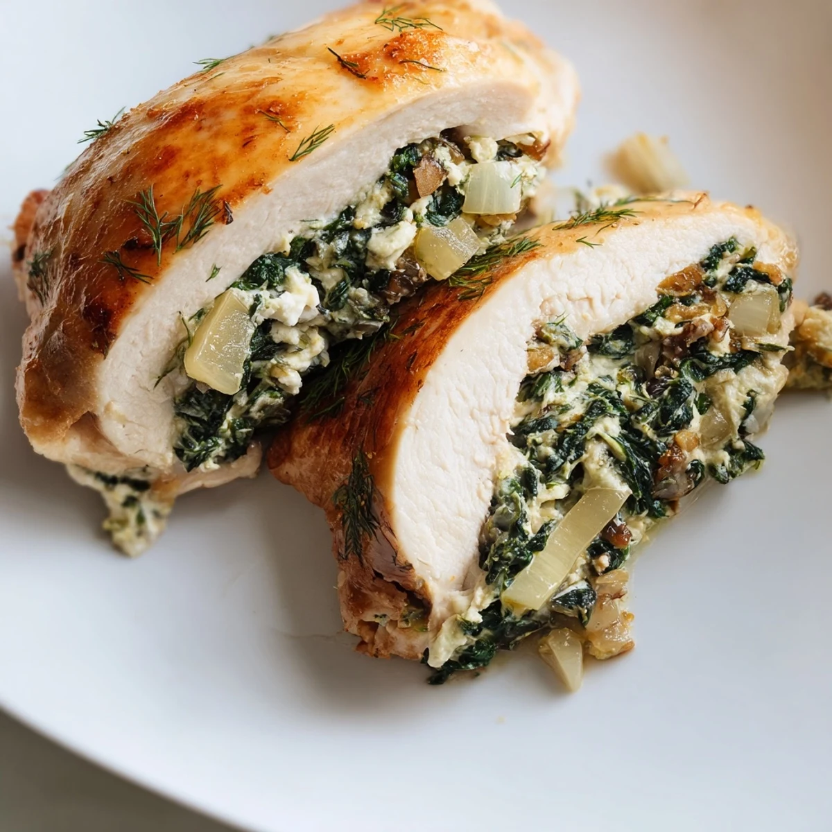 Golden-brown Spinach and Feta Stuffed Chicken Breast fresh from the oven, served on a rustic white plate next to roasted potatoes.
