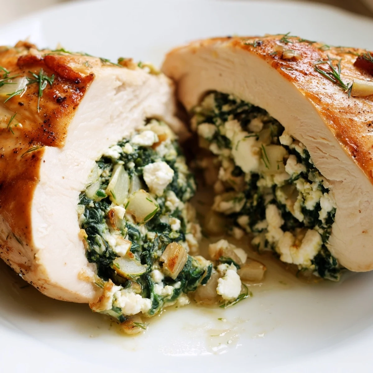 Spinach and Feta Stuffed Chicken Breast sliced open to reveal the vibrant green spinach and creamy, crumbled feta cheese filling.